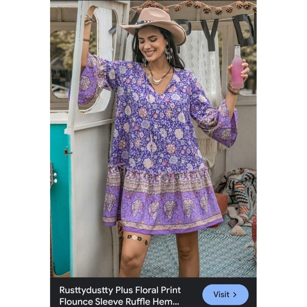 Plus Purple Floral Flounce Sleeve Dress